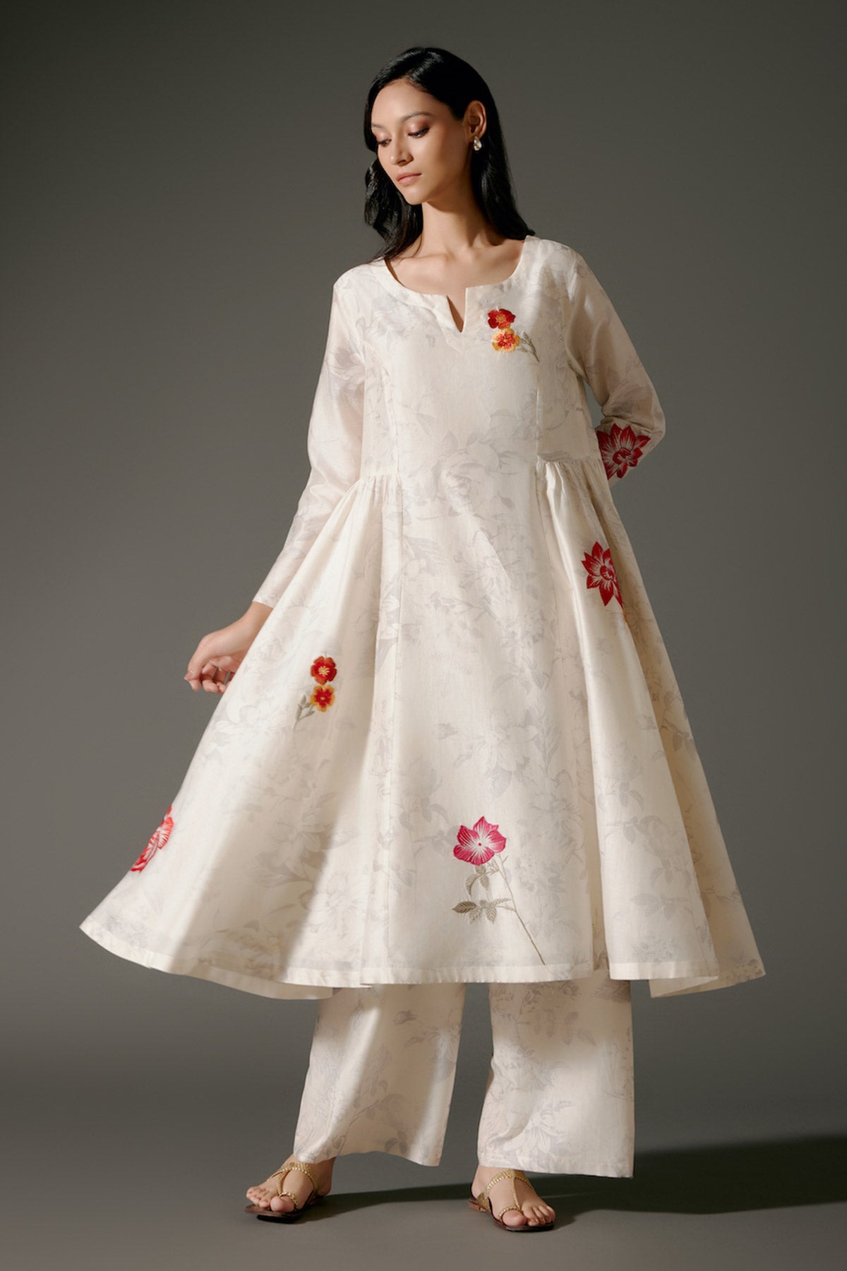 Ivory Flared Chanderi Silk Tunic Set With Embroidery