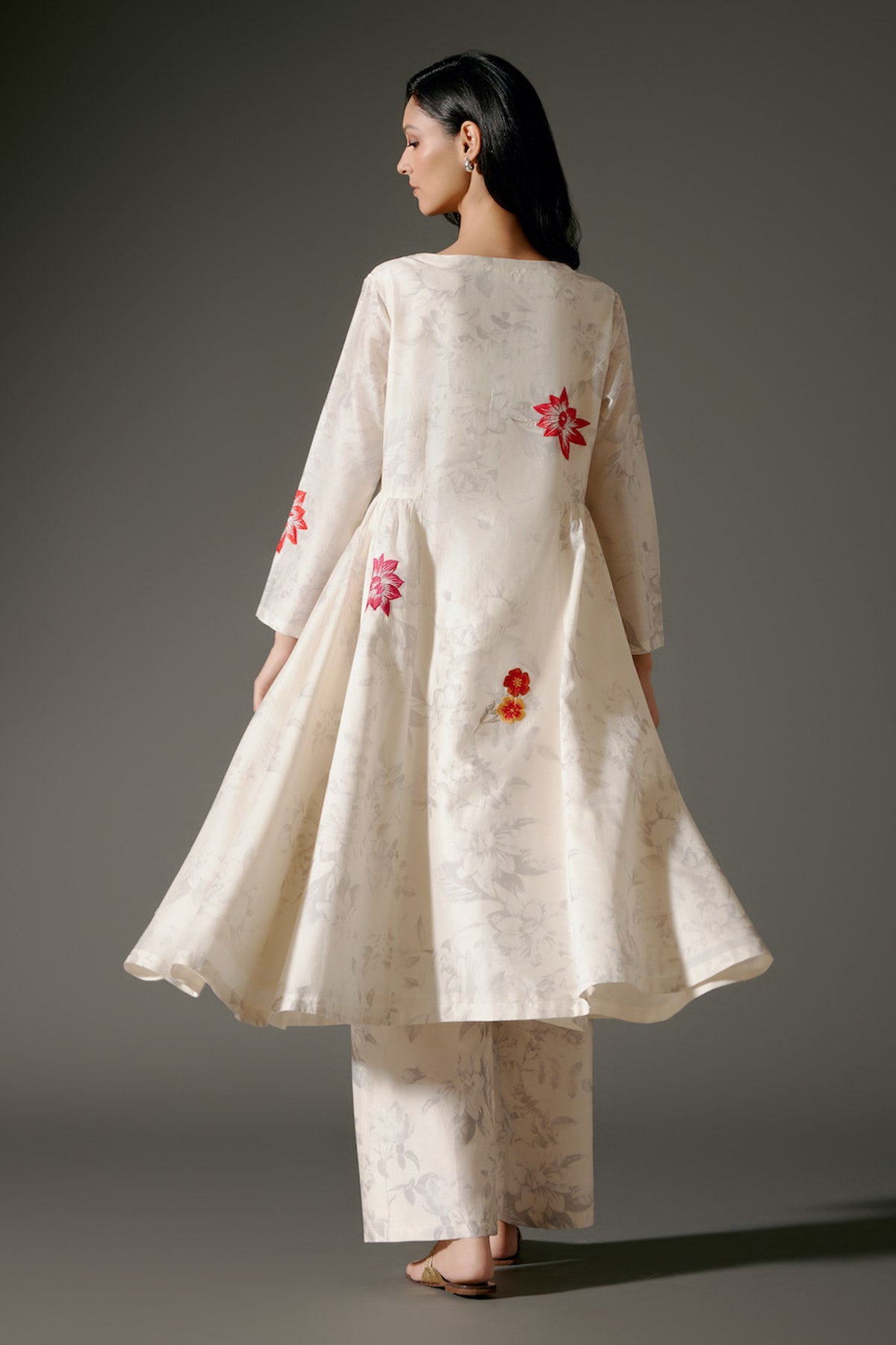 Ivory Flared Chanderi Silk Tunic Set With Embroidery
