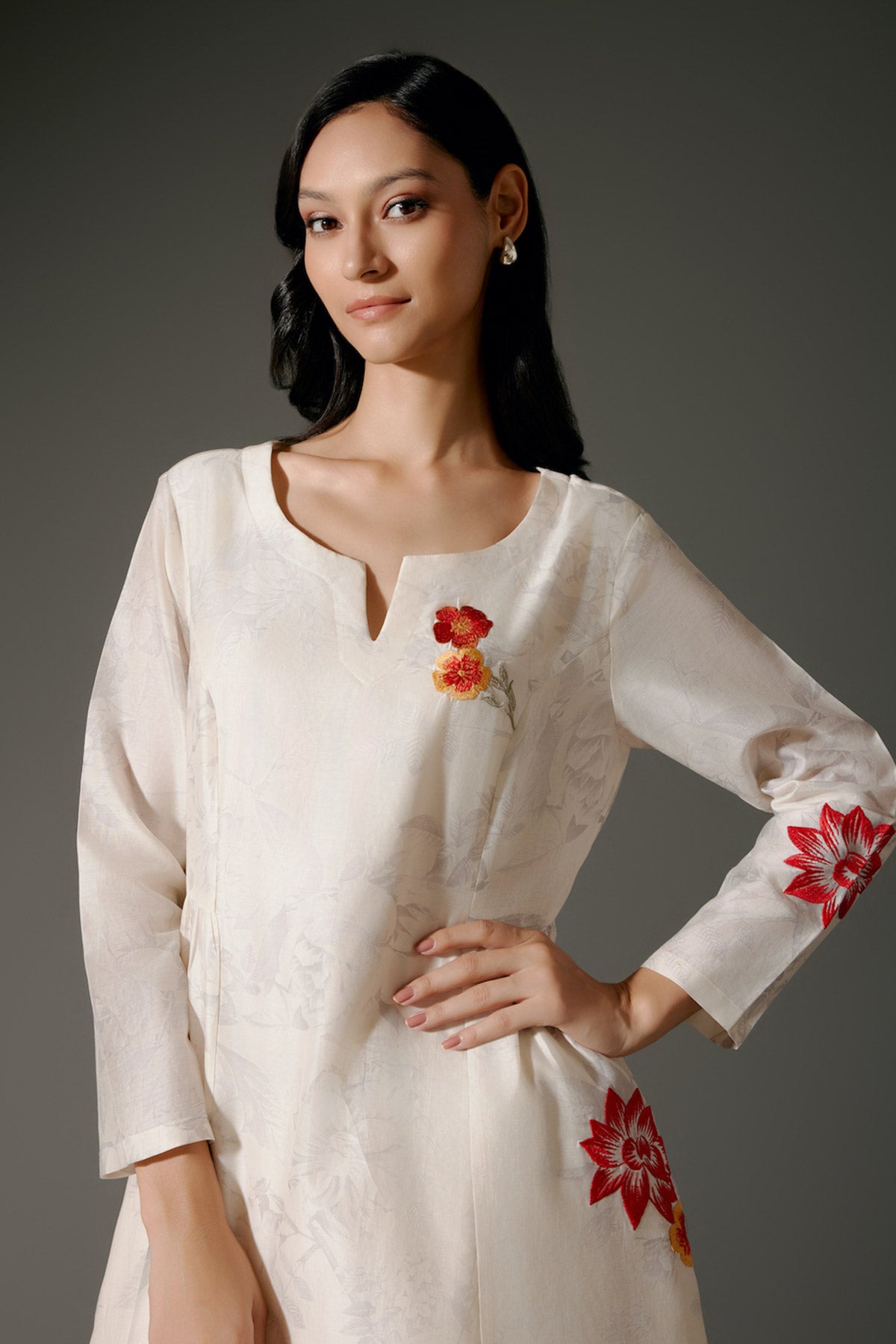 Ivory Flared Chanderi Silk Tunic Set With Embroidery
