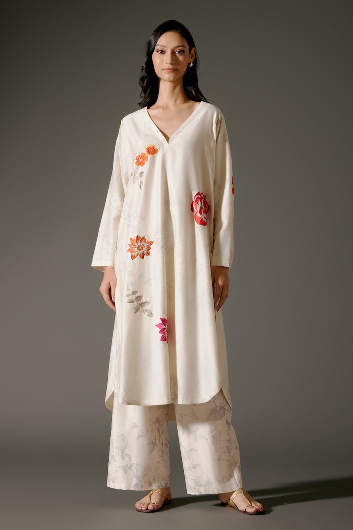Ivory Flared Chanderi Silk Kurta Set With Embroidery