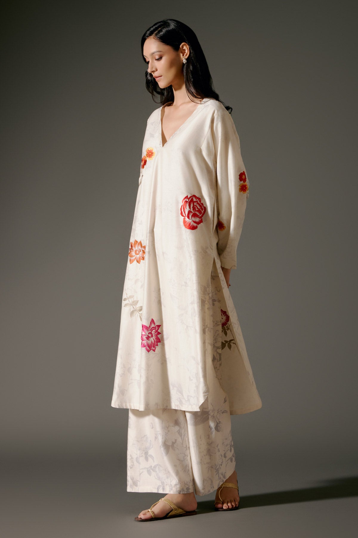Ivory Flared Chanderi Silk Kurta Set With Embroidery