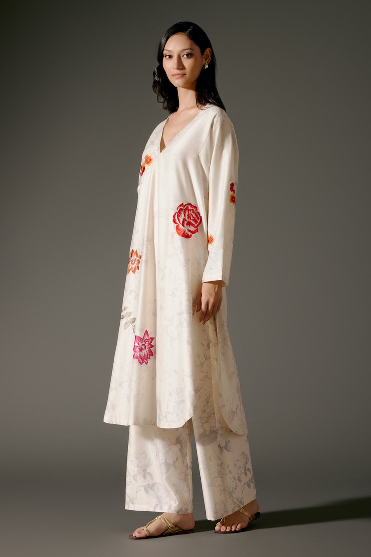 Ivory Flared Chanderi Silk Kurta Set With Embroidery