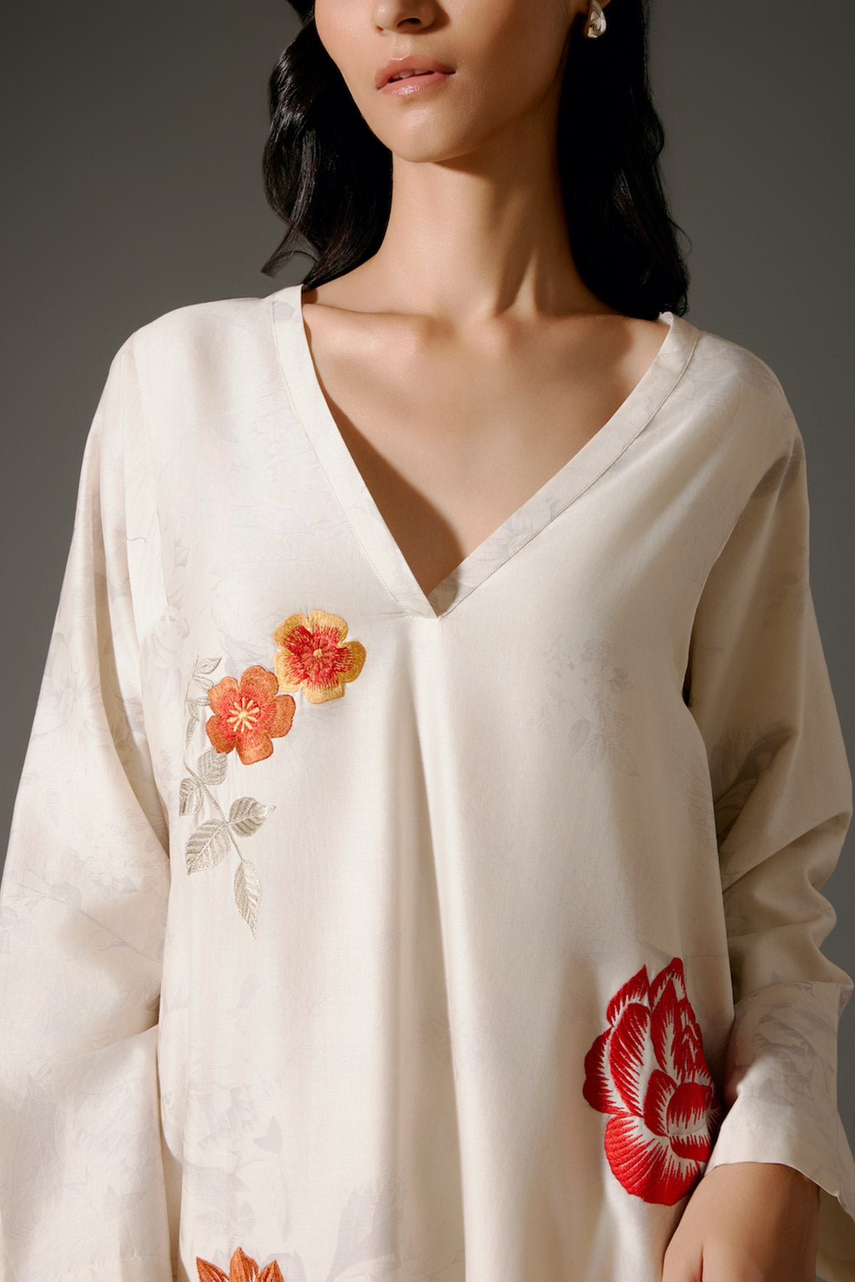 Ivory Flared Chanderi Silk Kurta Set With Embroidery
