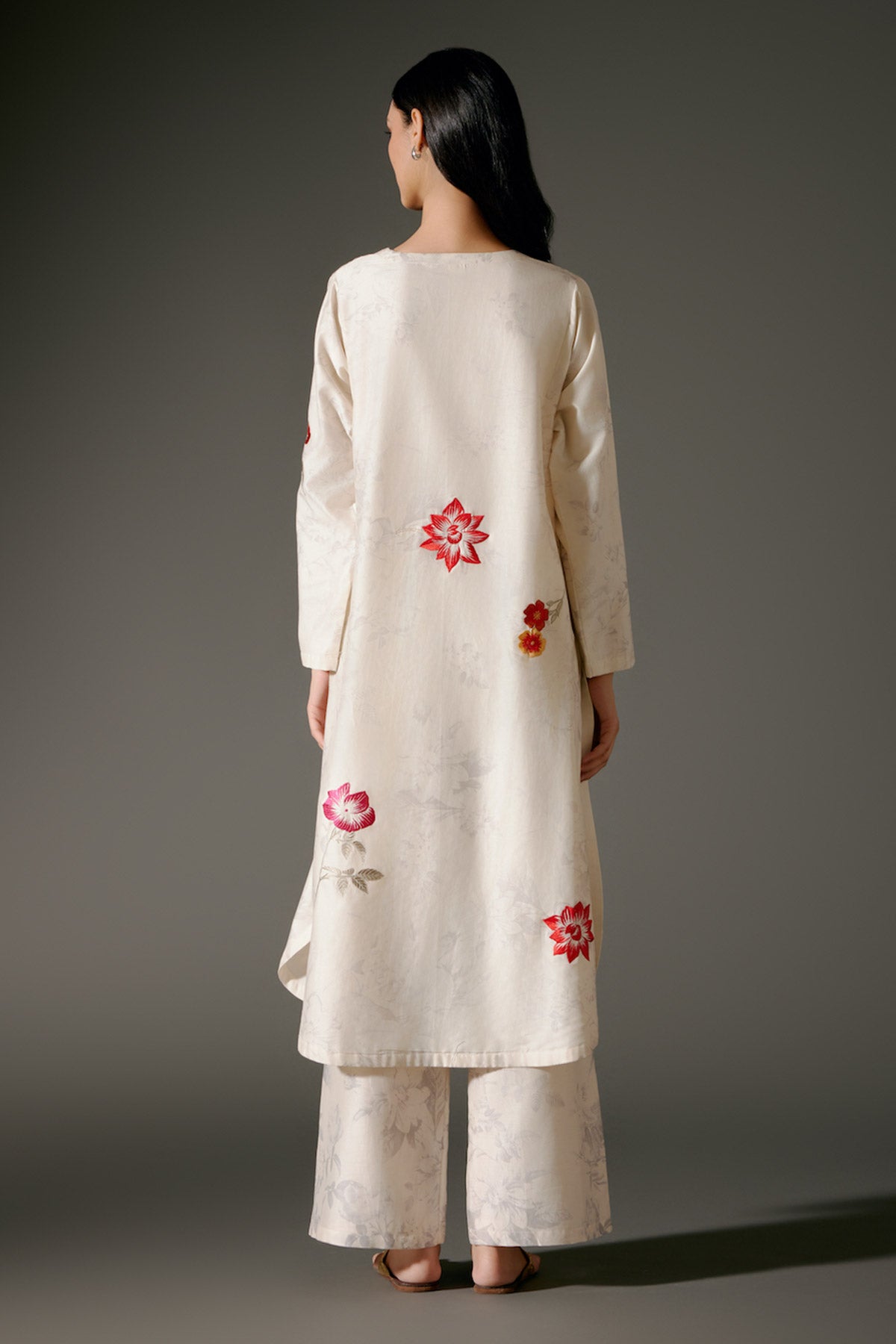 Ivory Flared Chanderi Silk Kurta Set With Embroidery