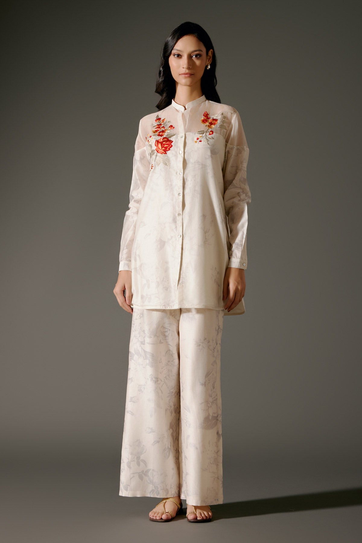 Ivory Printed Chanderi Silk Tunic Set With Floral Embroidery