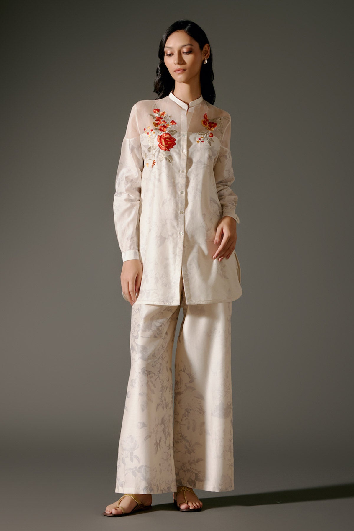 Ivory Printed Chanderi Silk Tunic Set With Floral Embroidery