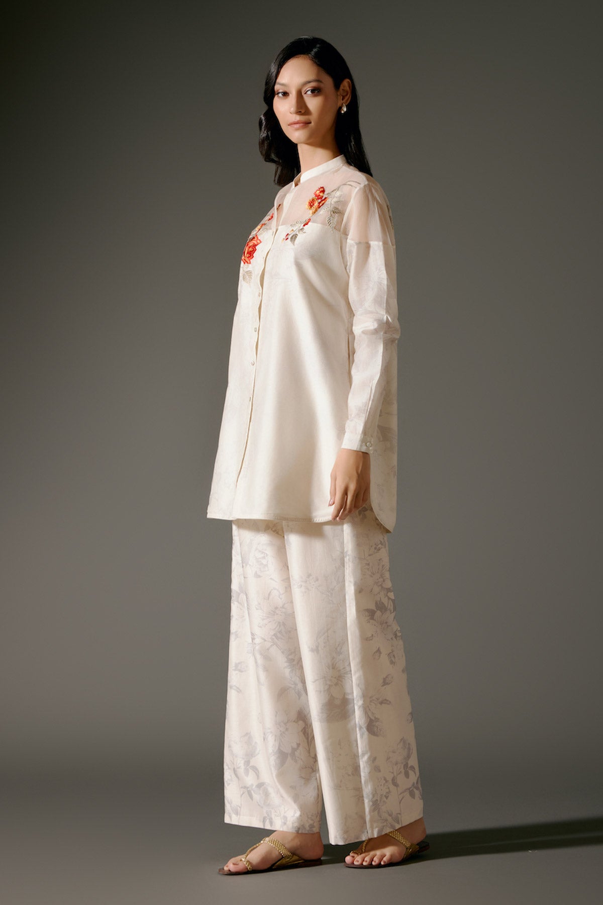 Ivory Printed Chanderi Silk Tunic Set With Floral Embroidery