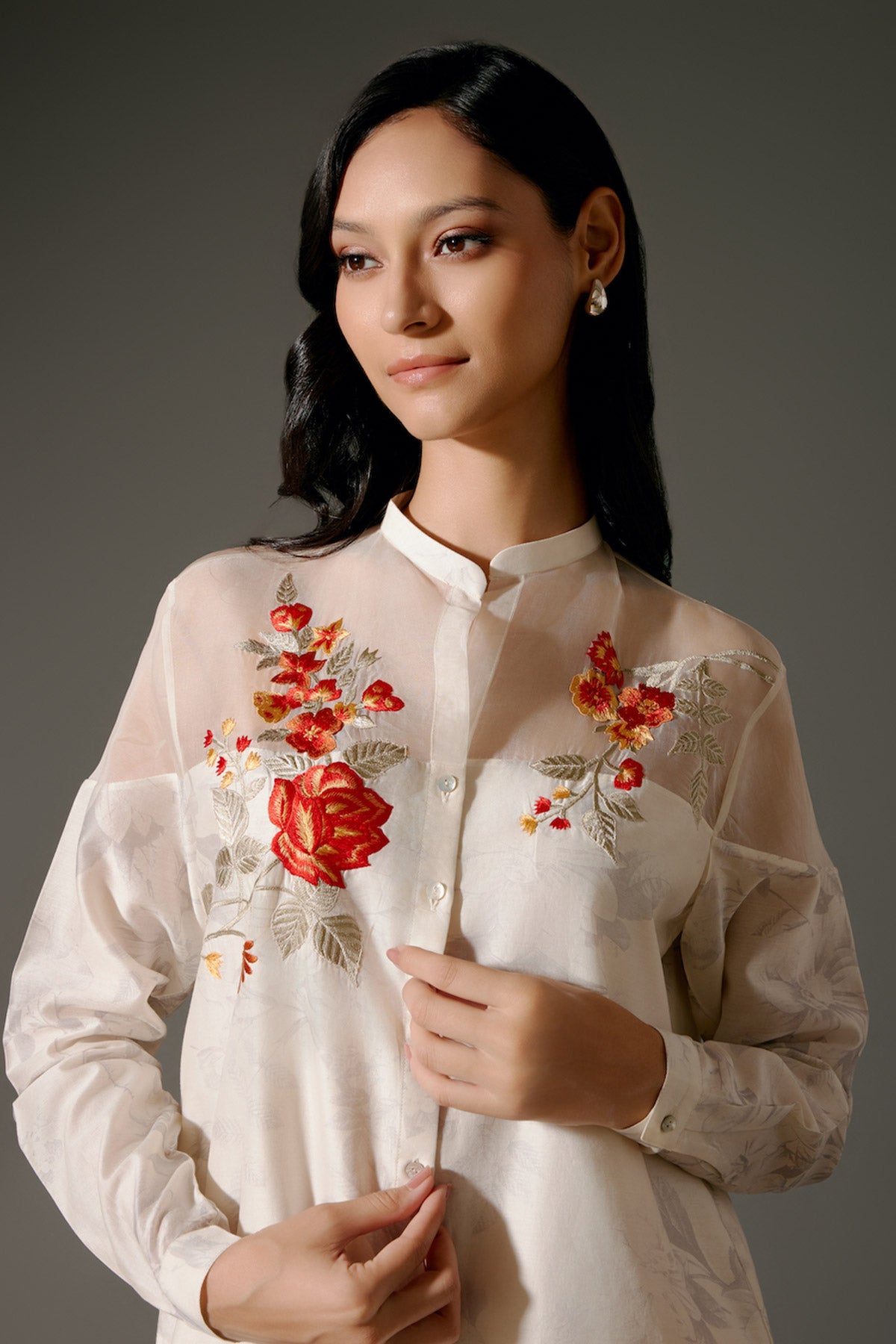 Ivory Printed Chanderi Silk Tunic Set With Floral Embroidery