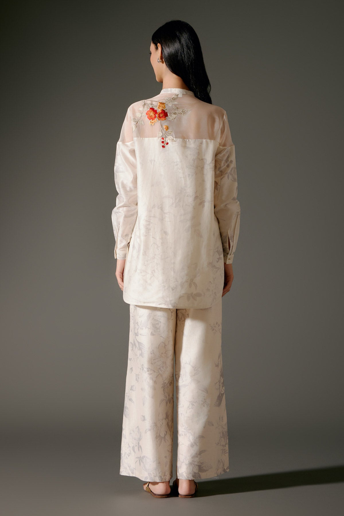 Ivory Printed Chanderi Silk Tunic Set With Floral Embroidery