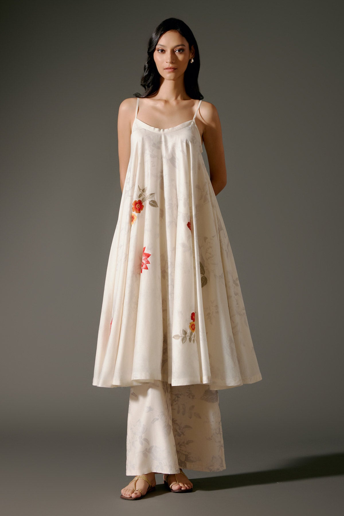 Ivory Flared Chanderi Silk Tunic Set with Floral Motif