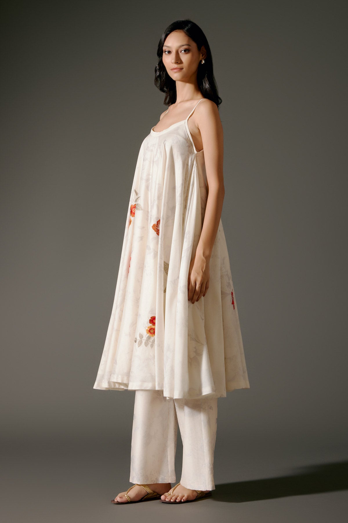 Ivory Flared Chanderi Silk Tunic Set with Floral Motif
