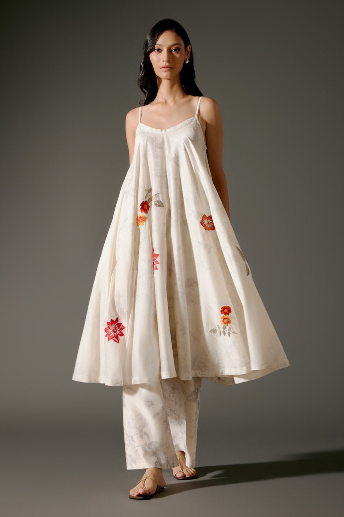 Ivory Flared Chanderi Silk Tunic Set with Floral Motif