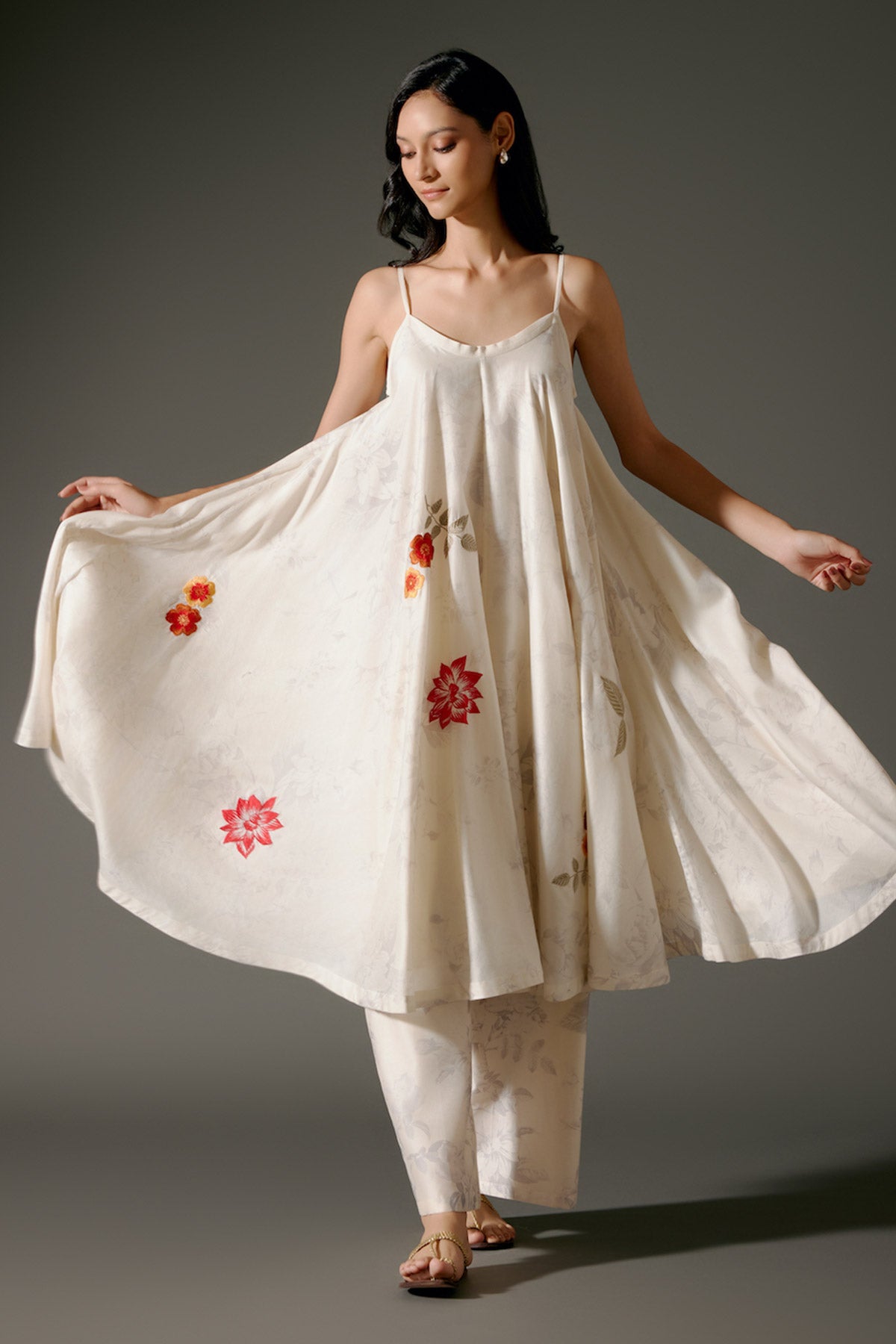 Ivory Flared Chanderi Silk Tunic Set with Floral Motif