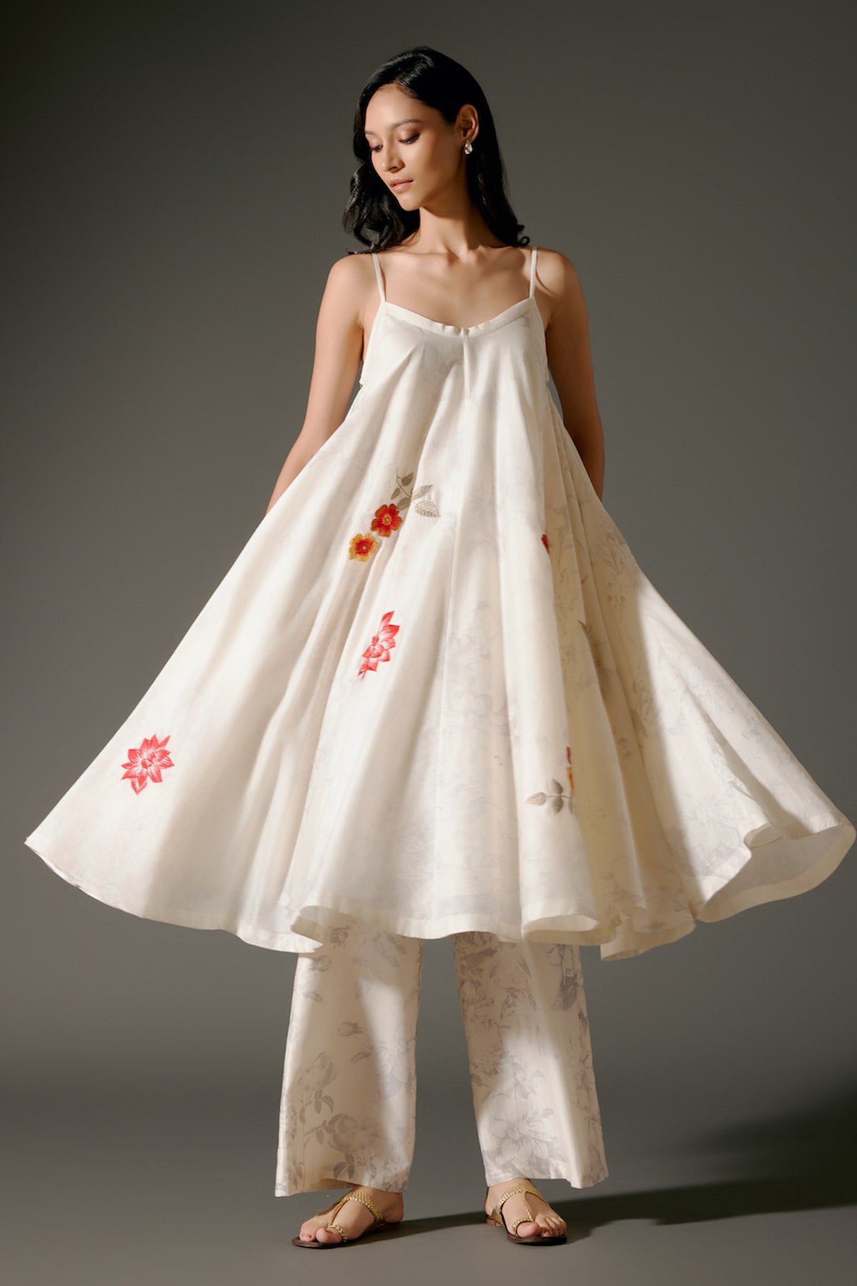 Ivory Flared Chanderi Silk Tunic Set with Floral Motif