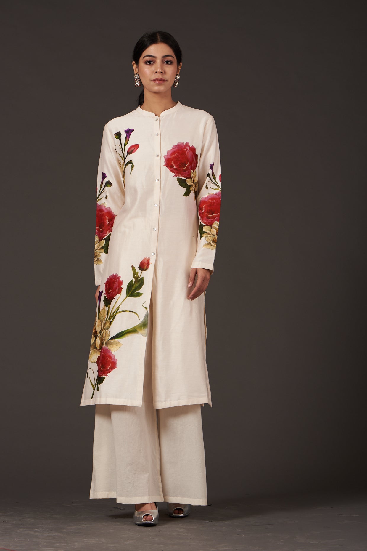 Ivory Chanderi Silk Digital Printed Tunic Set