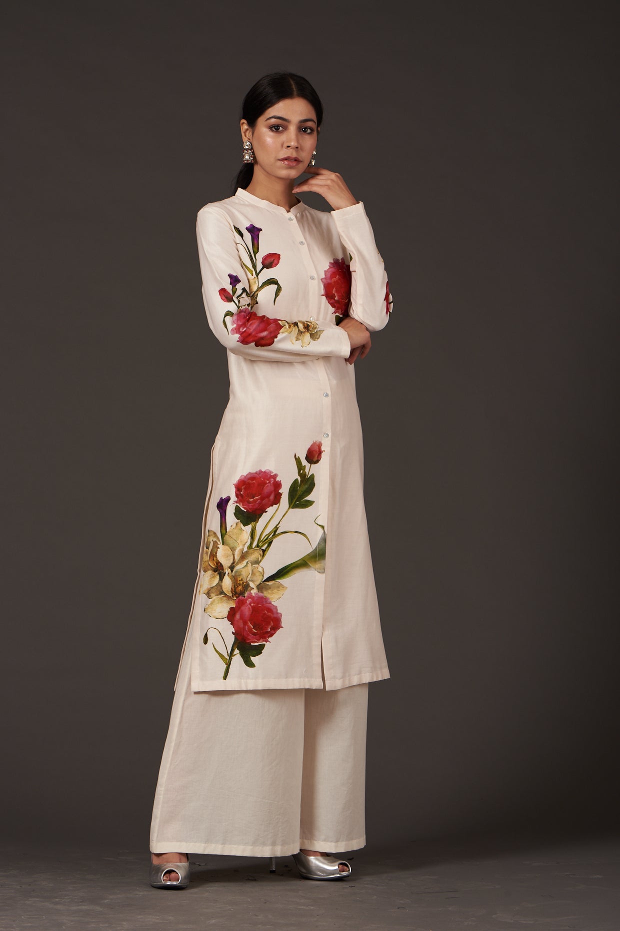 Ivory Chanderi Silk Digital Printed Tunic Set
