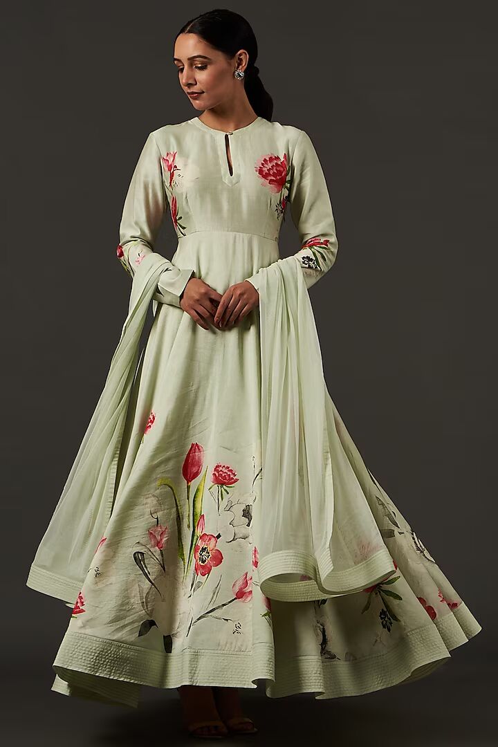 Chanderi Anarkali Set With Floral Digital Print