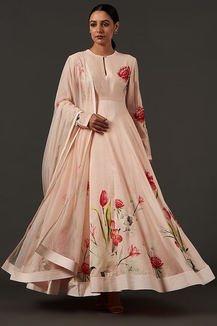 Chanderi Anarkali Set With Floral Digital Print