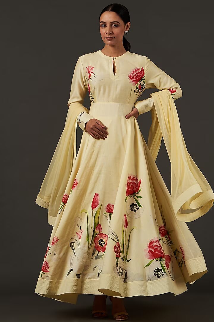 Chanderi Anarkali Set With Floral Digital Print