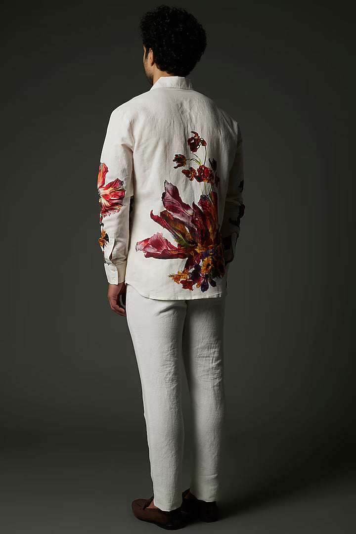 White Satin Poplin Floral Printed Shirt