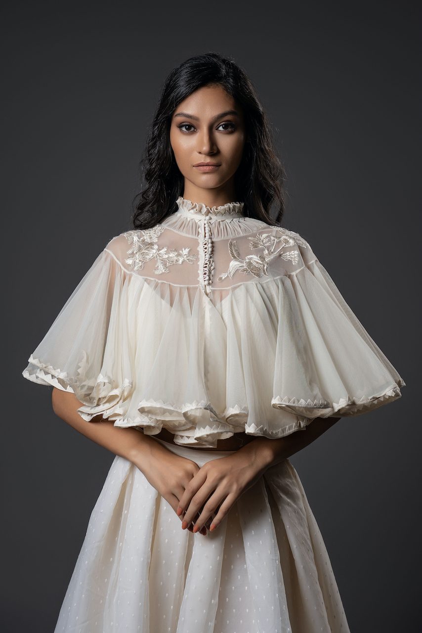 Net Cape With Floral Embroidery