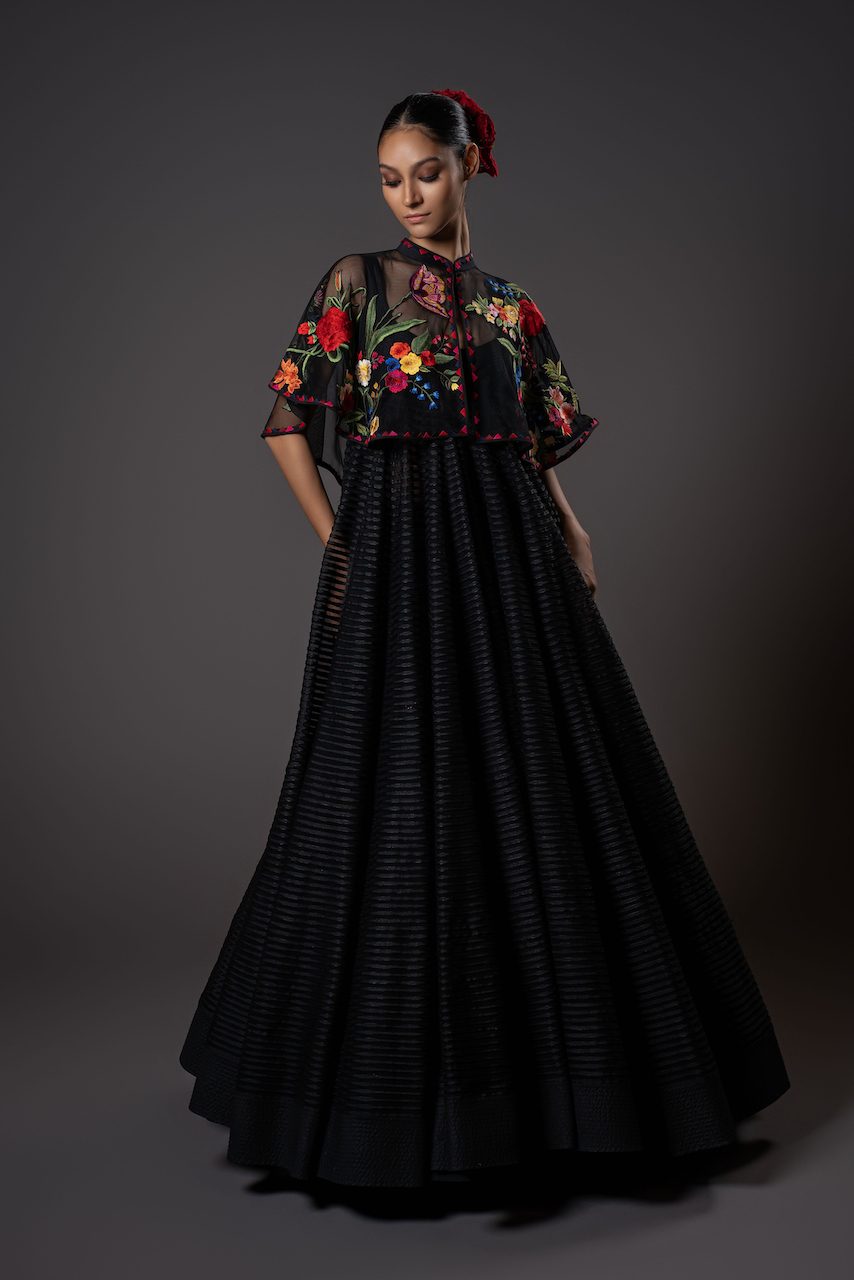 Net Cape With Floral Embroidery