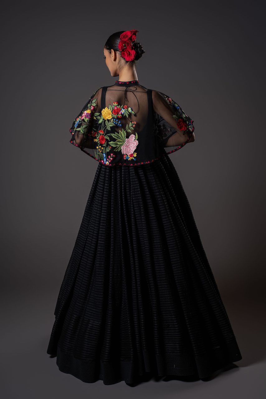 Net Cape With Floral Embroidery