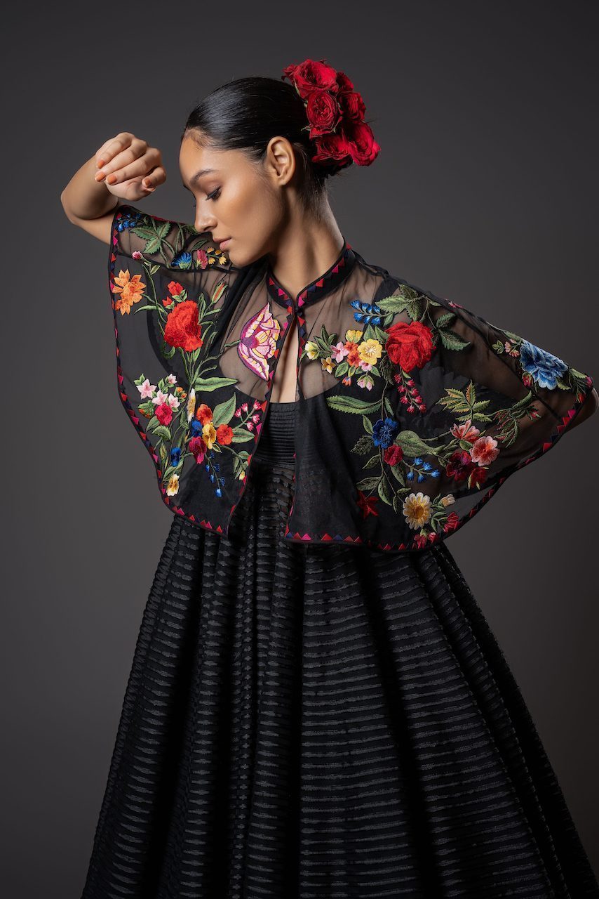 Net Cape With Floral Embroidery