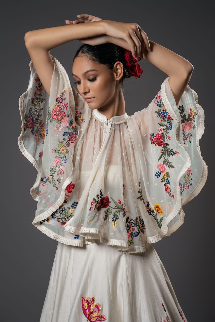 Net Cape With Floral Embroidery