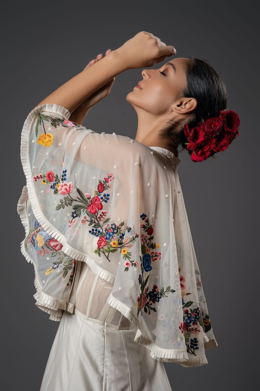 Net Cape With Floral Embroidery