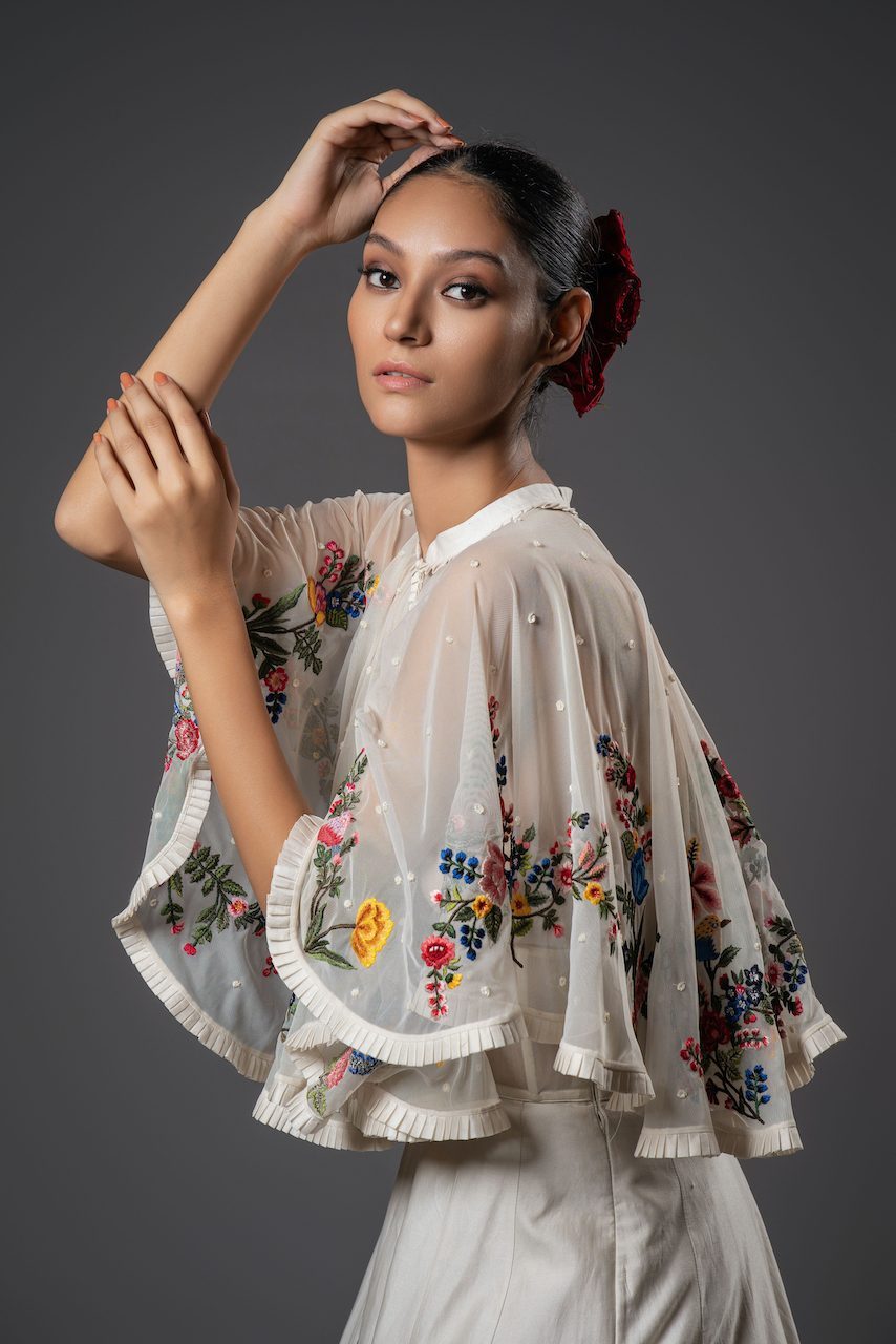 Net Cape With Floral Embroidery