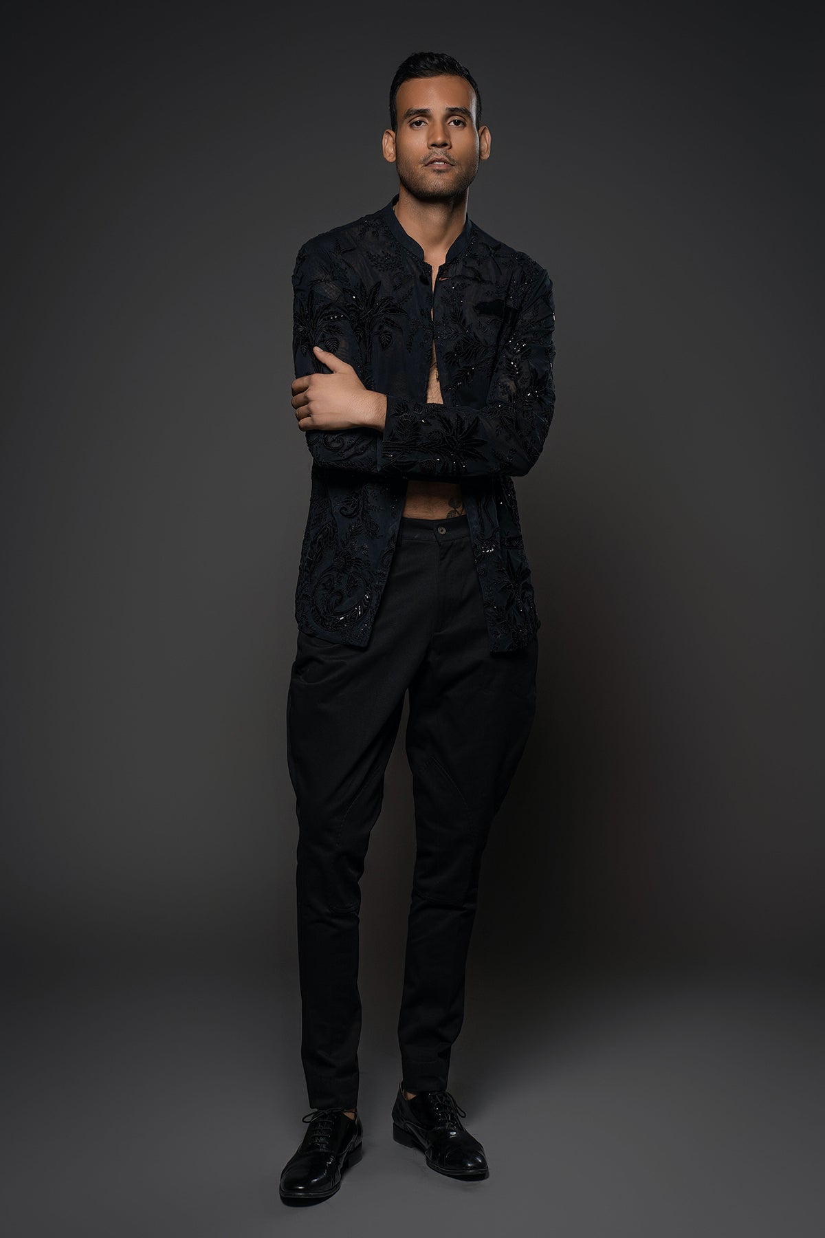 Black Net Open Shirt with Floral Embroidery