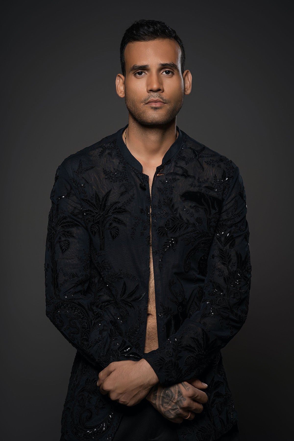 Black Net Open Shirt with Floral Embroidery