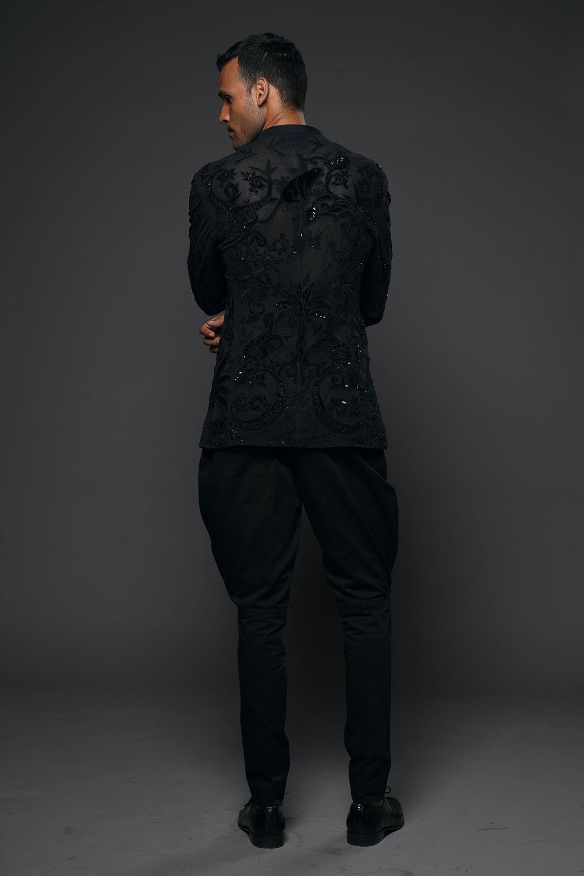 Black Net Open Shirt with Floral Embroidery