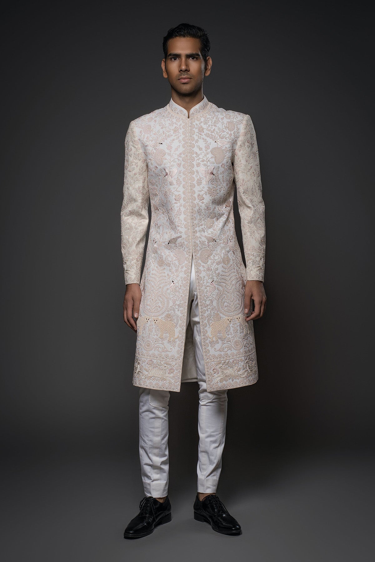 Men Ivory Matka Silk Resham Hand Embroidered Sherwani