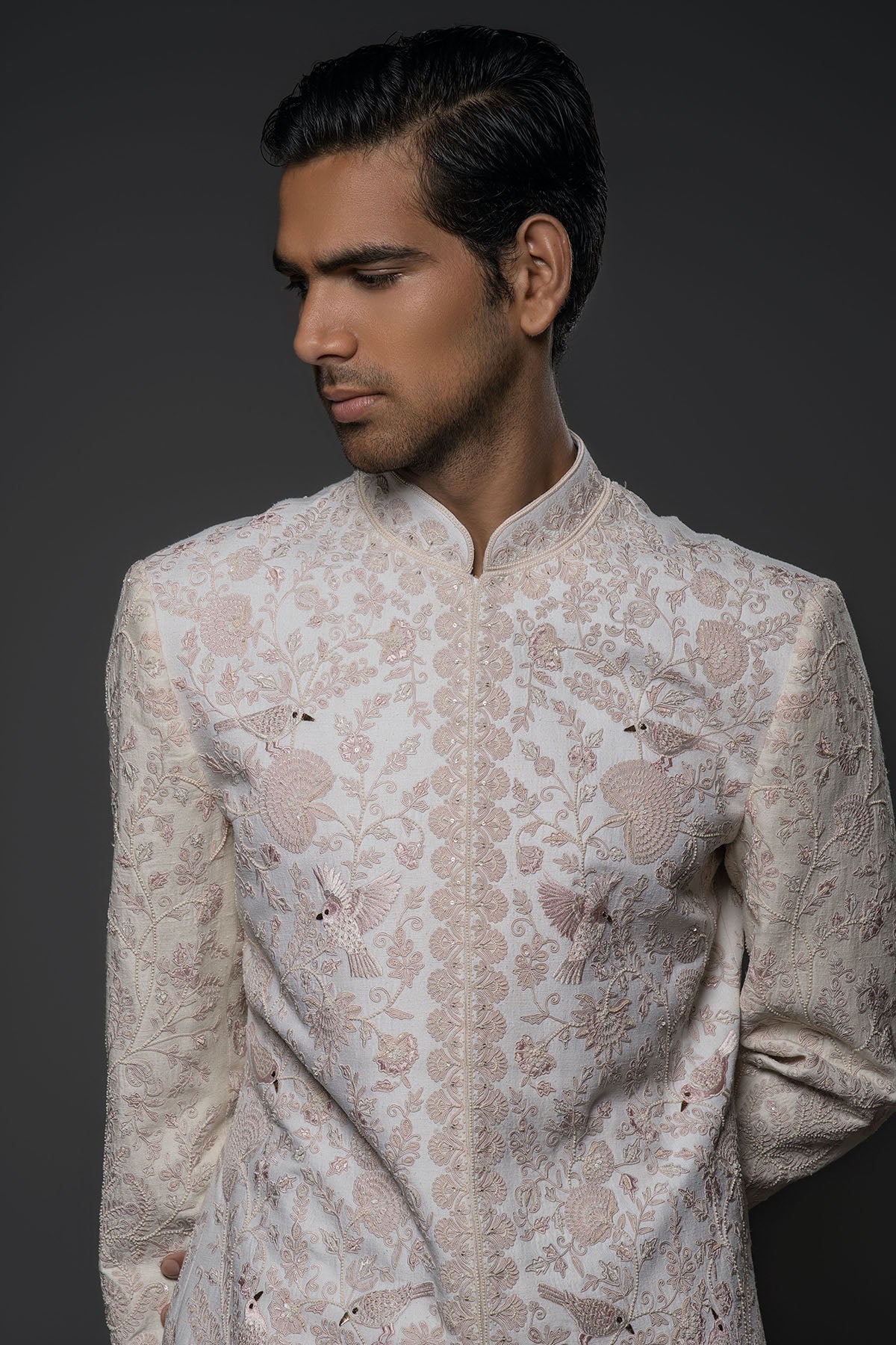 Men Ivory Matka Silk Resham Hand Embroidered Sherwani