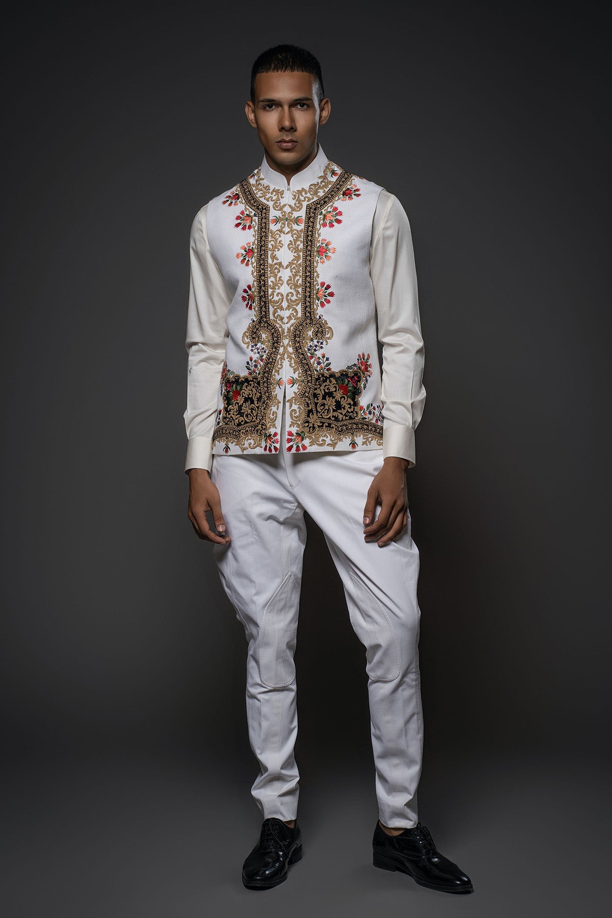 Ivory Matka Silk Bundi with Patch Floral Resham Embroidery