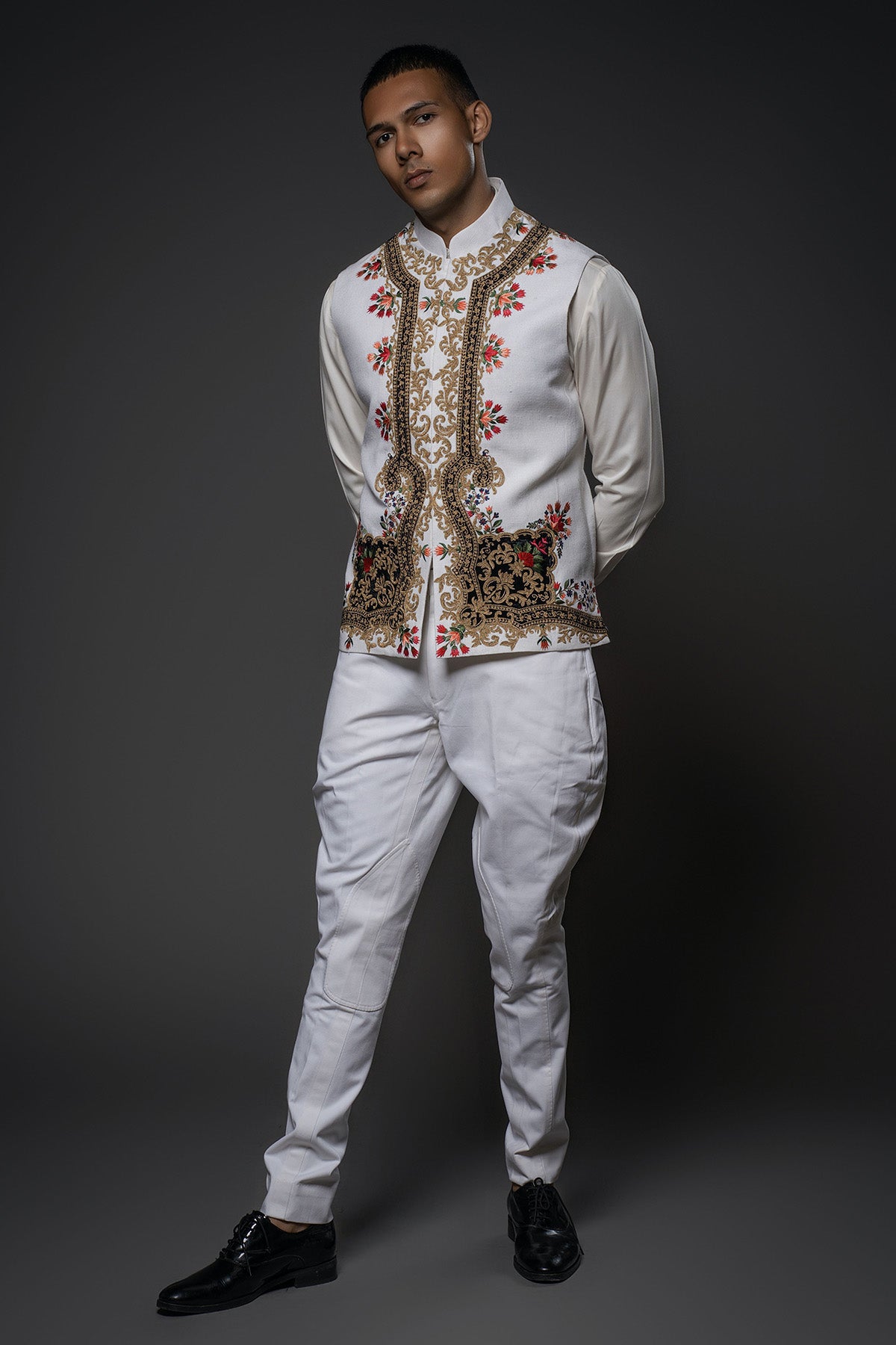 Ivory Matka Silk Bundi with Patch Floral Resham Embroidery