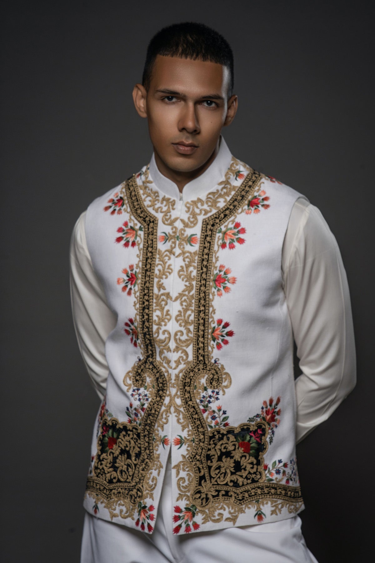 Ivory Matka Silk Bundi with Patch Floral Resham Embroidery