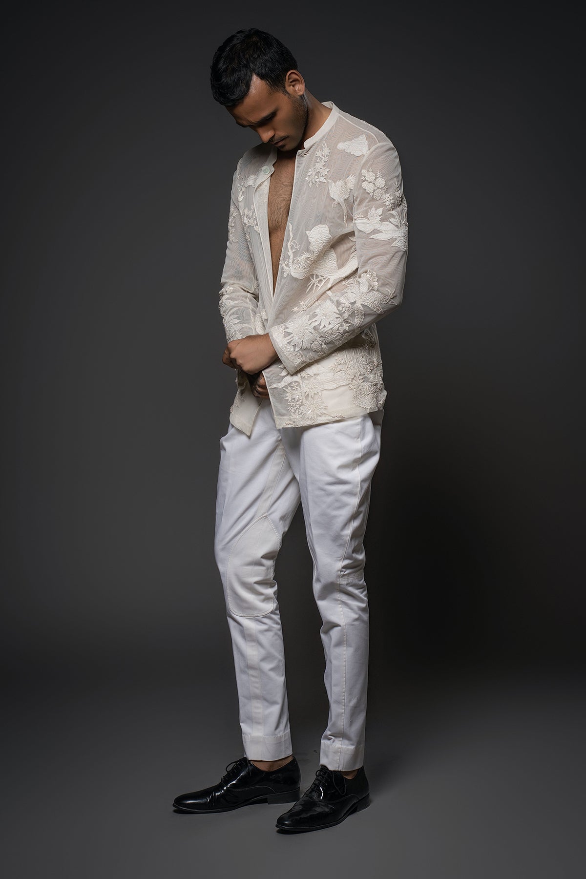 Ivory Net Open Shirt with Floral Embroidery