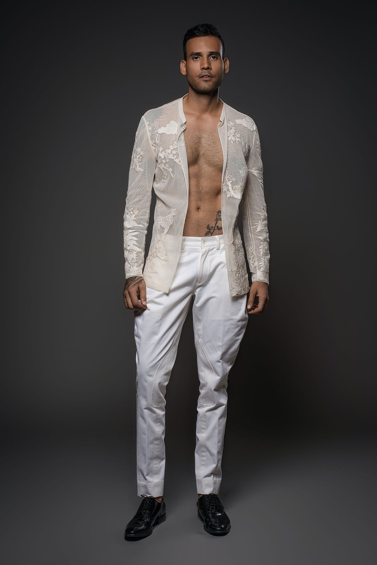 Shantanu in Rohit Bal’s Ivory Net Open Shirt with Floral Embroidery