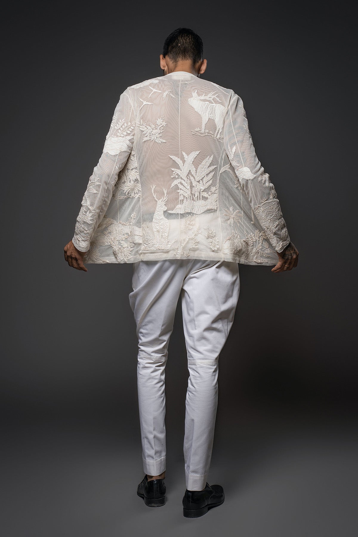Shantanu in Rohit Bal’s Ivory Net Open Shirt with Floral Embroidery