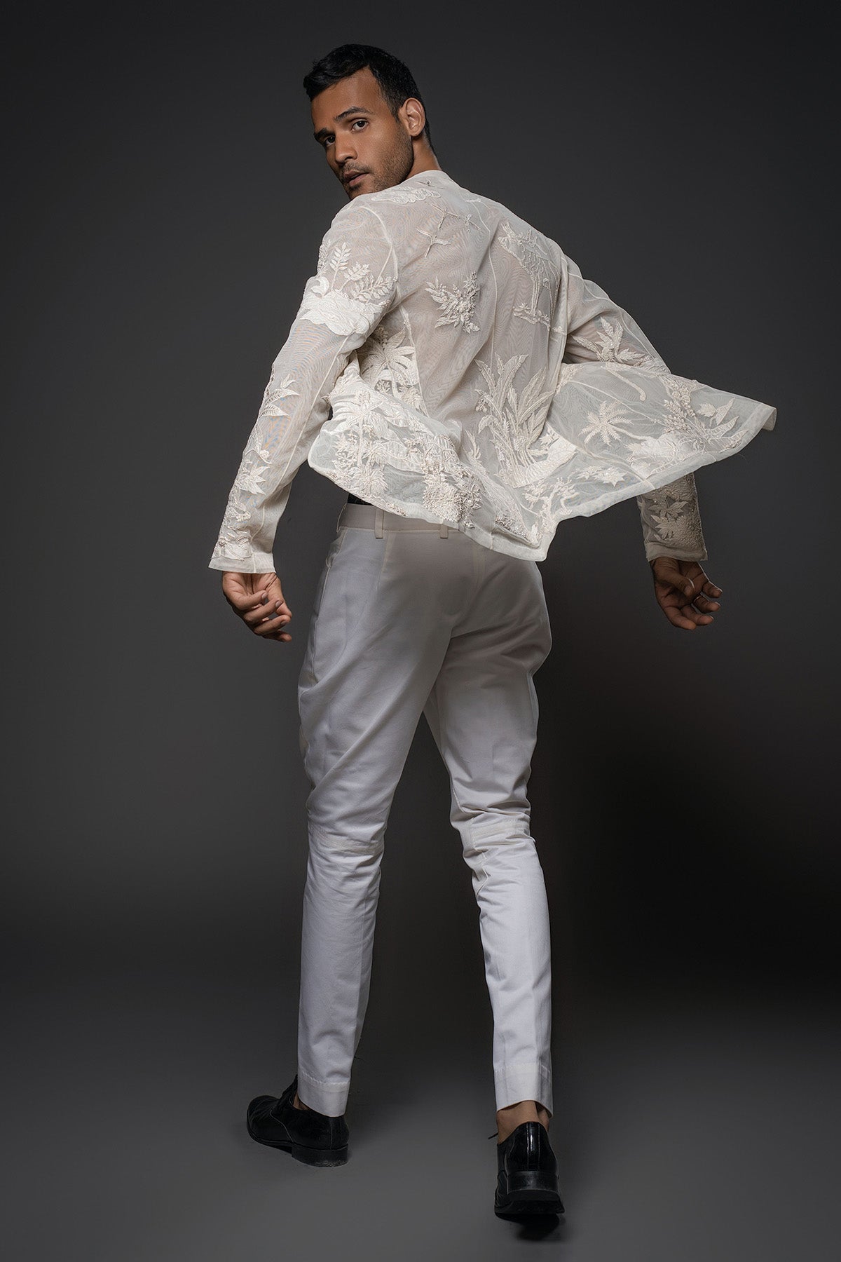 Shantanu in Rohit Bal’s Ivory Net Open Shirt with Floral Embroidery