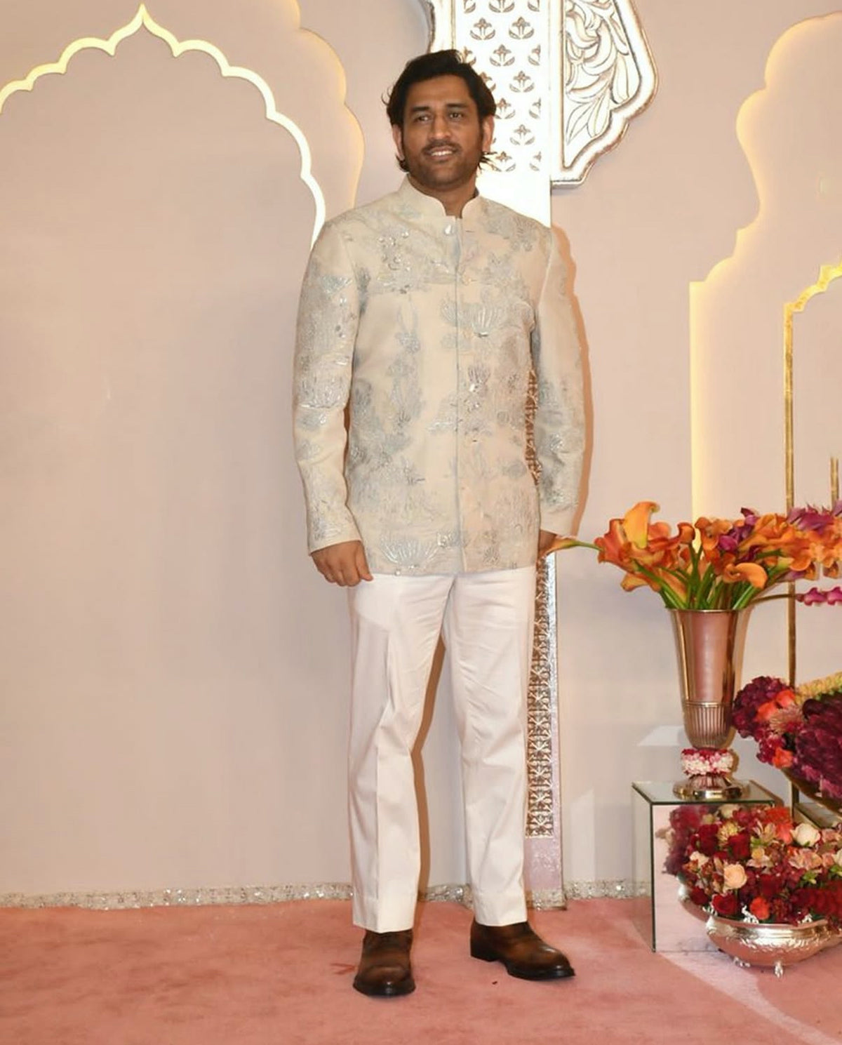 MS Dhoni in Ivory Matka Silk Bandhgala by Rohit Bal