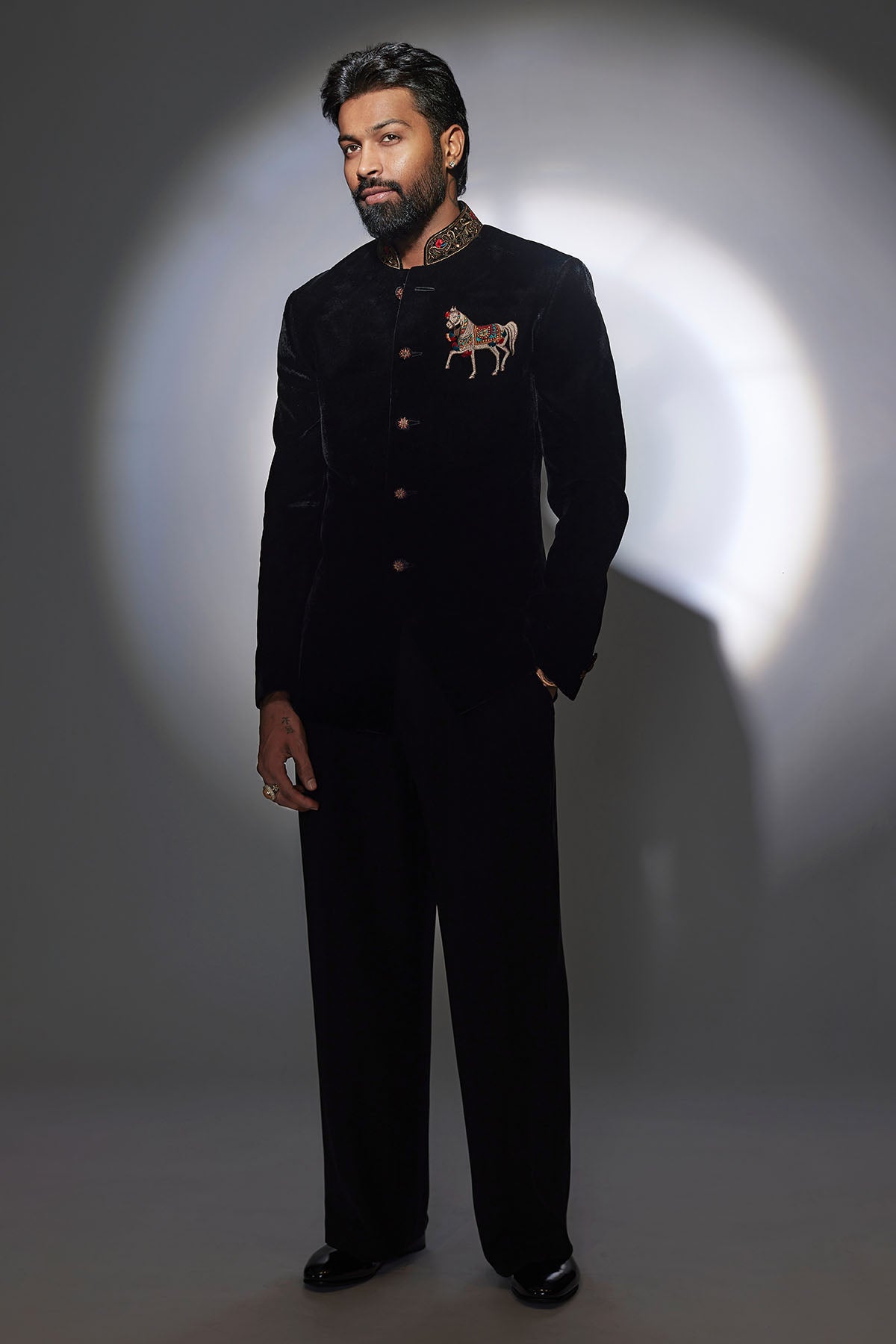 Embroidered Black Velvet Bandhgala With Motif