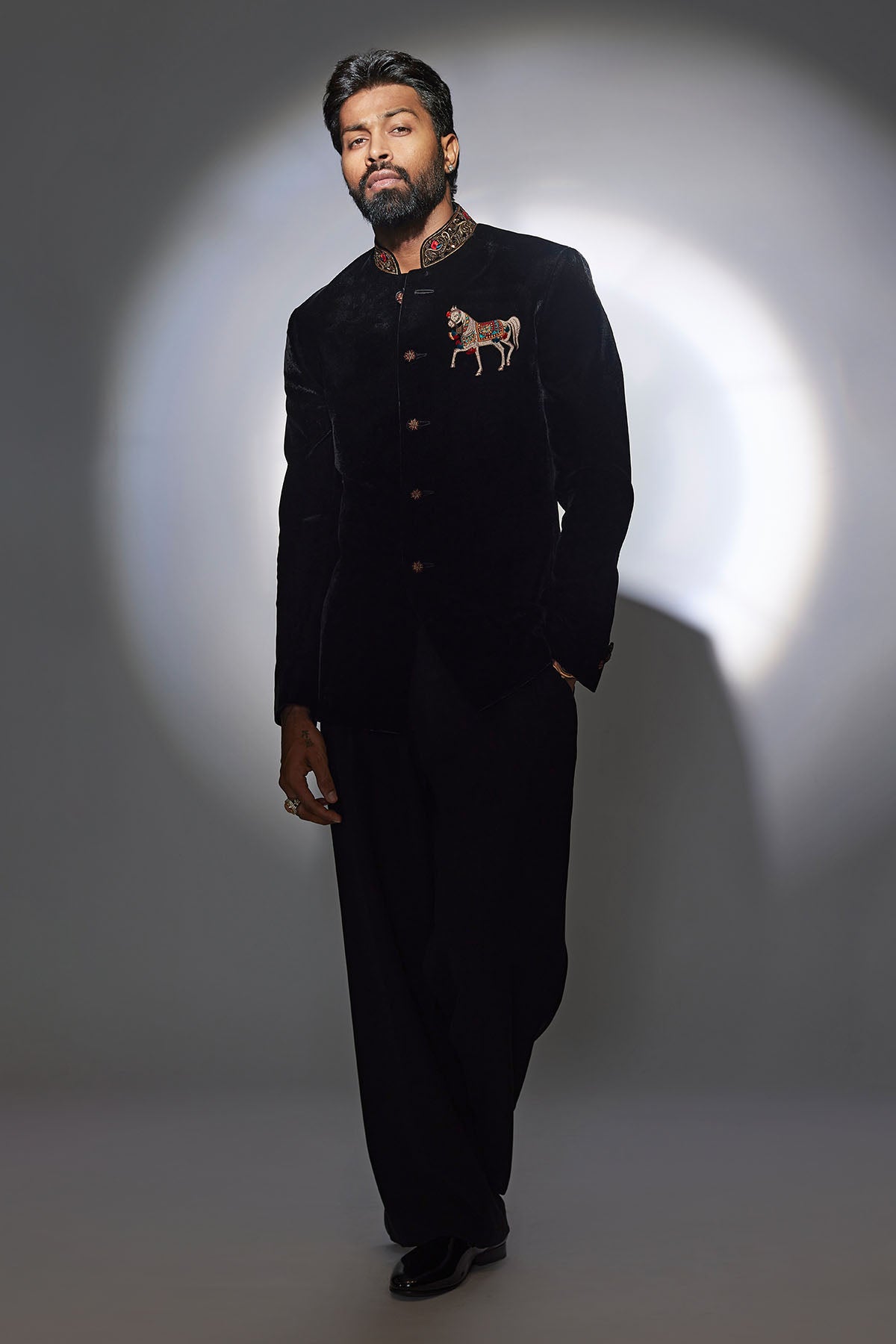 Embroidered Black Velvet Bandhgala With Motif
