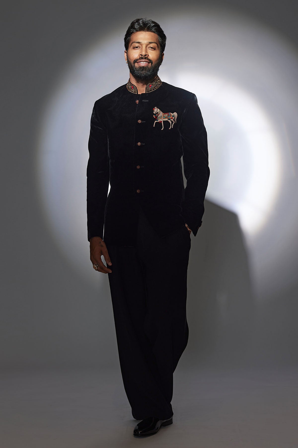 Embroidered Black Velvet Bandhgala With Motif