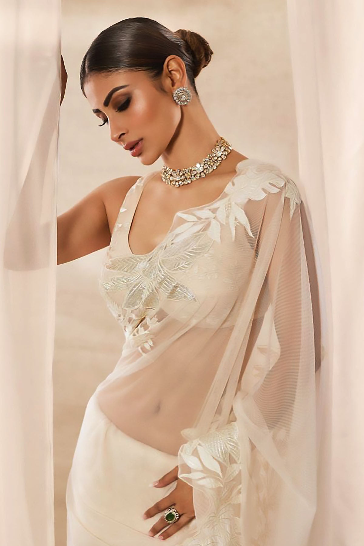 Women's Ivory Embroidered Net Saree