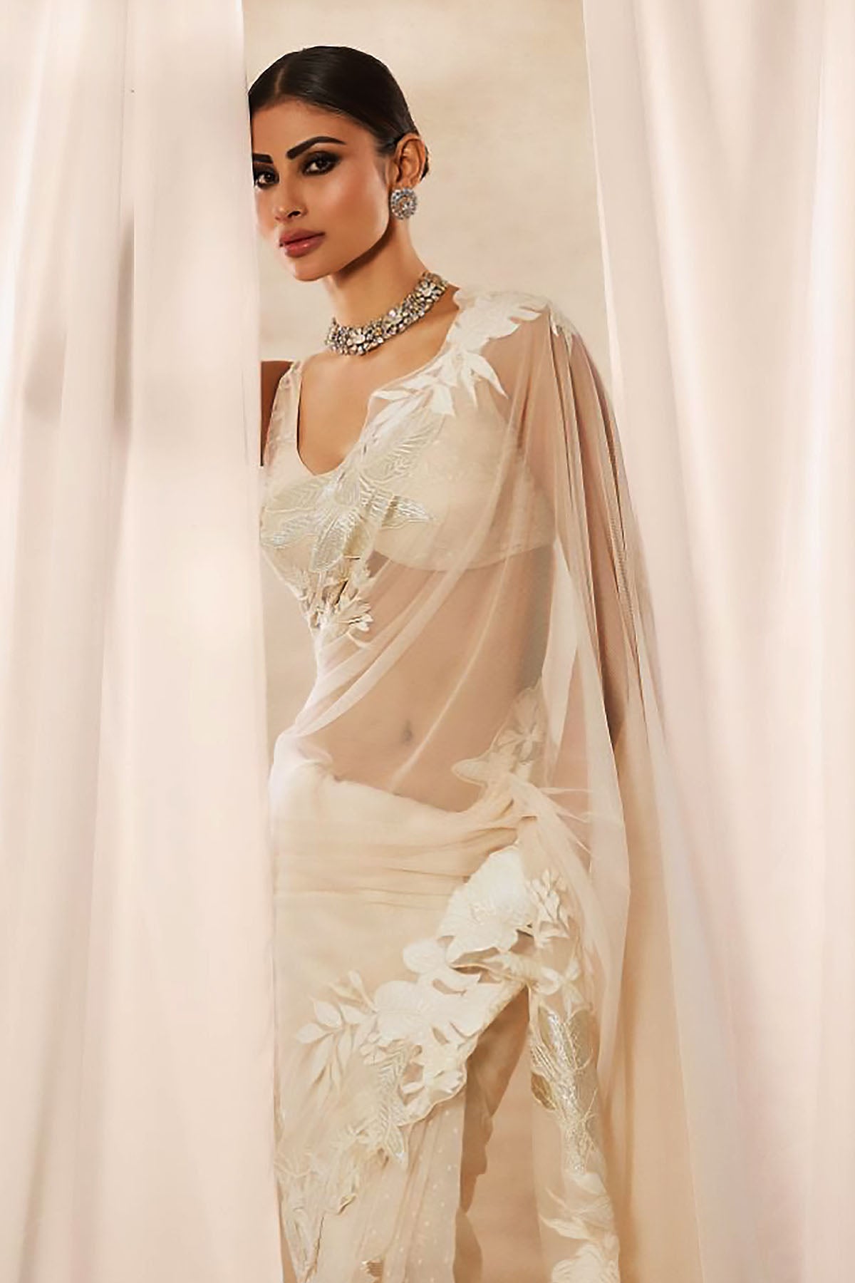 Women's Ivory Embroidered Net Saree