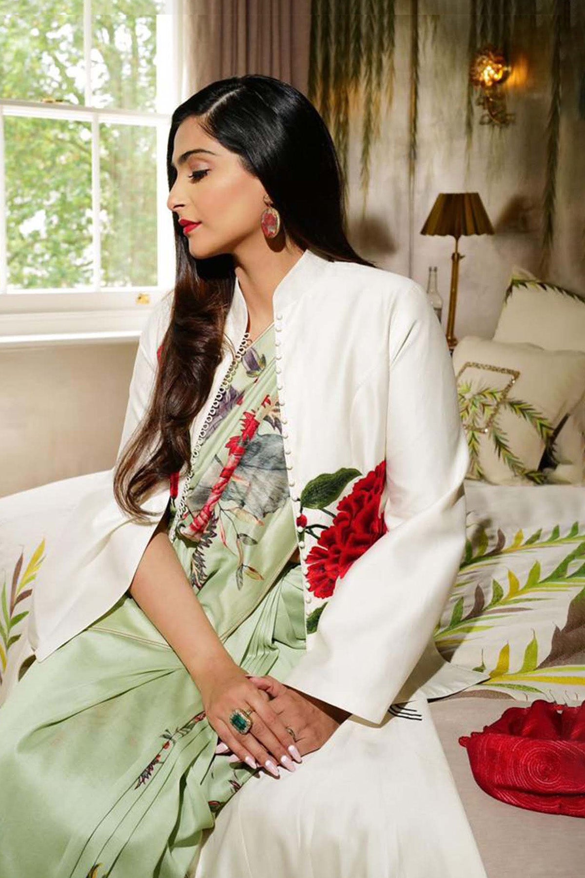 Mint Green Silk Chanderi Saree With Floral Multicolour Print